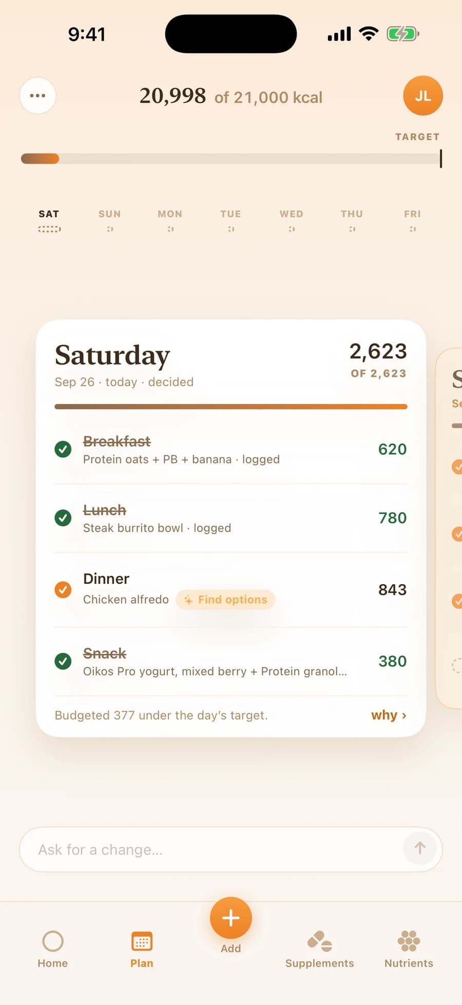 MacroMile weekly meal plan with a daily calorie budget and breakfast, lunch, dinner and snack slots.